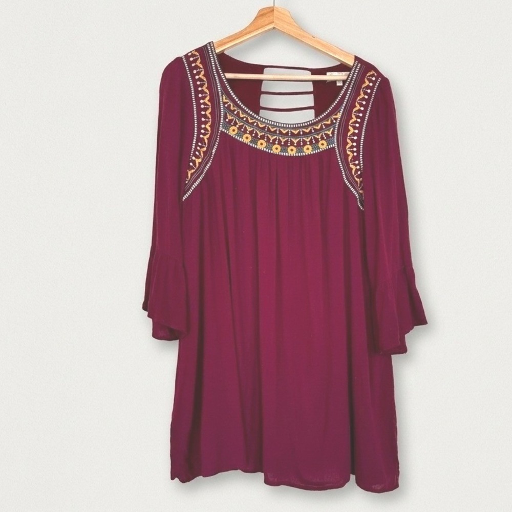 Burgundy Embroidered Boho Mini Dress 3/4 Bell Sleeve Ladder Back Shift